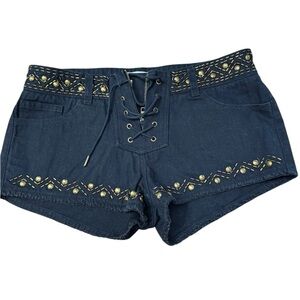 AMUSE SOCIETY.    Black and Gold Jean Shorts with Studded Embellishments
